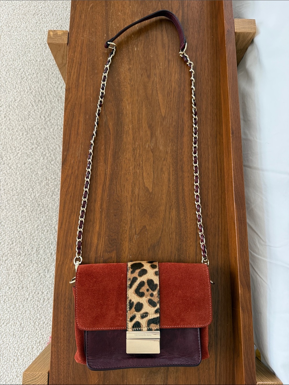 Vanessa Bruno Suede Crossbody in Rust, Burgundy & Leopard